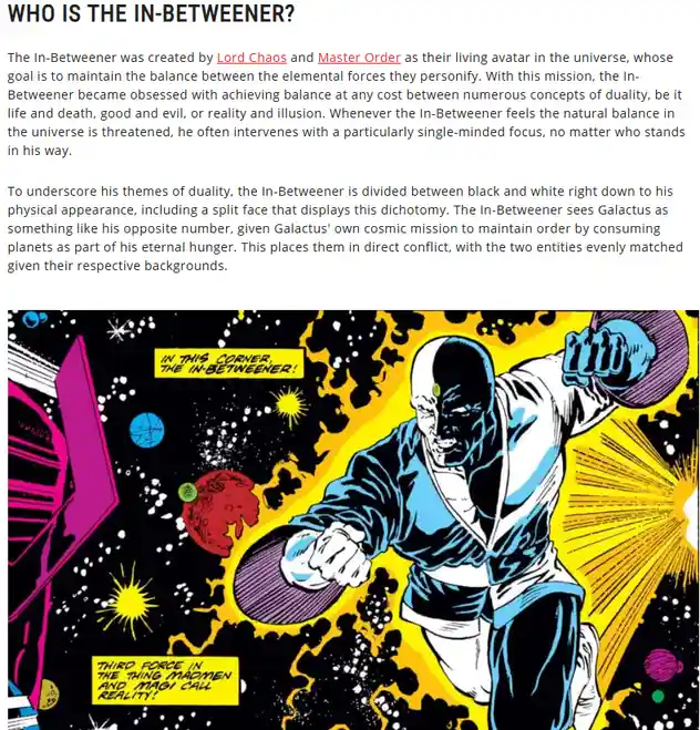 A comic book panel shows the In-Bettweener, a superhero with a split black-and-white face, in a dynamic pose against a…