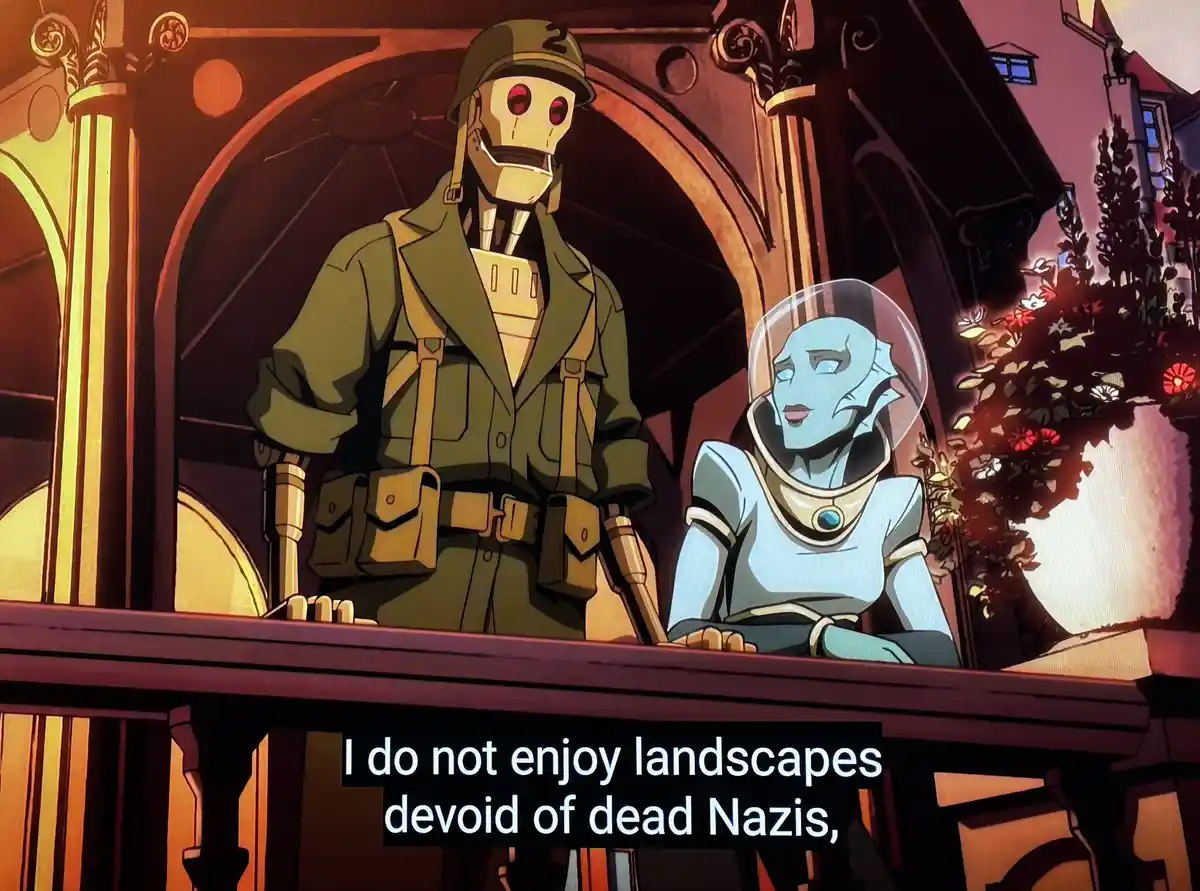 An anime scene shows a skeletal soldier in a military uniform and helmet standing beside a blue-skinned alien in a space…