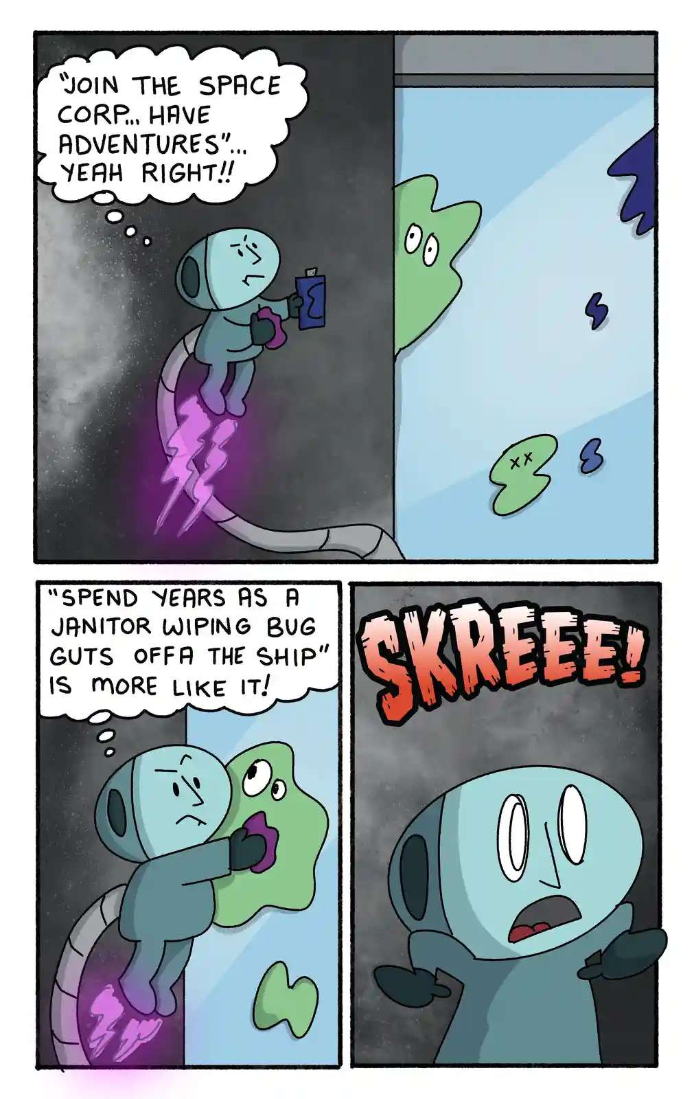A four-panel comic strip shows a blue astronaut character in a space suit, initially skeptical about joining a space…