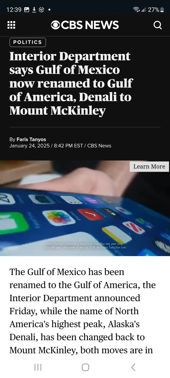 A screenshot of a CBS News article with a fake headline claiming the U.S. Interior Department renamed the Gulf of Mexico to…