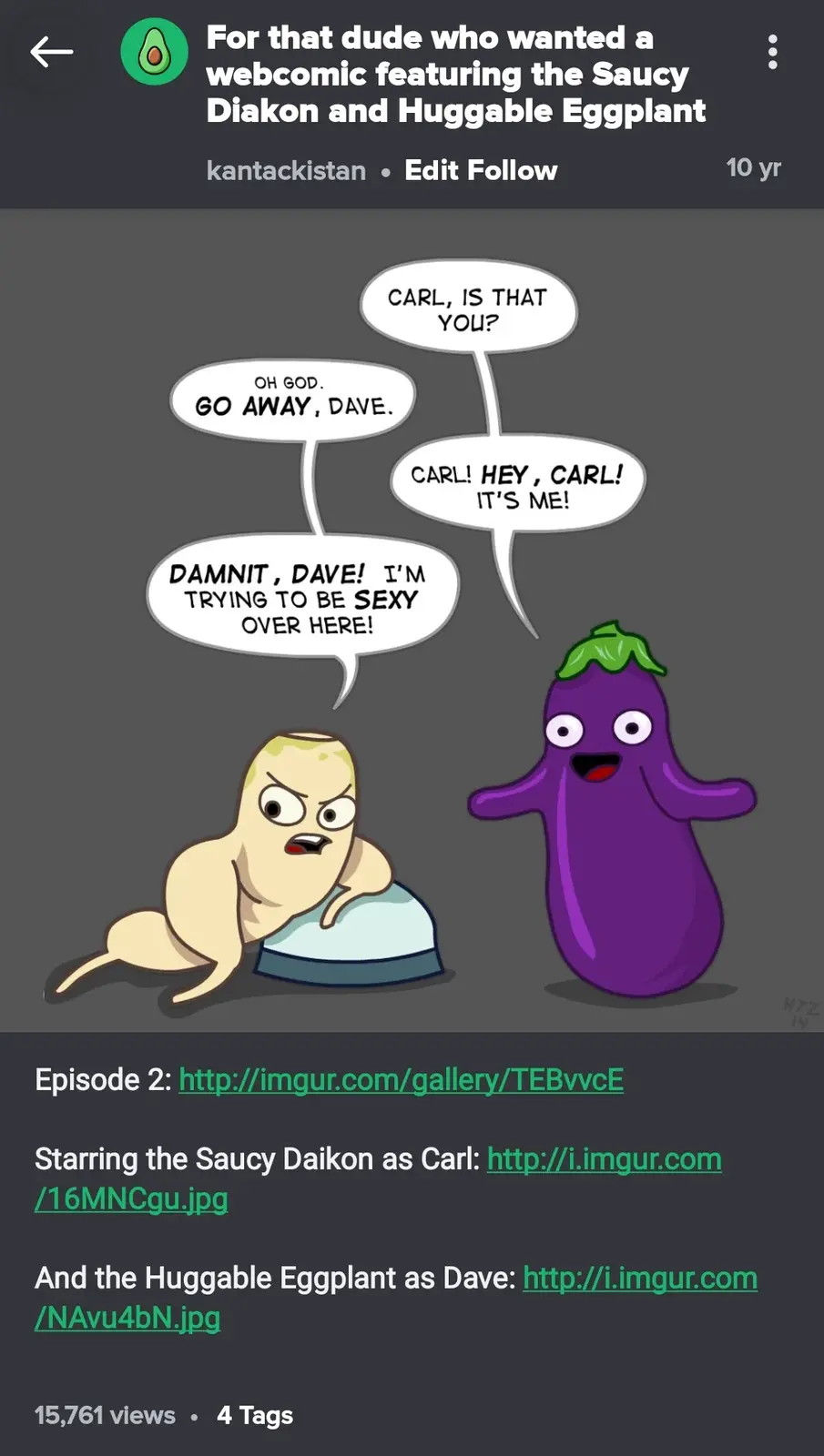 A cartoon depicts a purple eggplant character enthusiastically greeting a pale, angry-looking daikon radish character who is…
