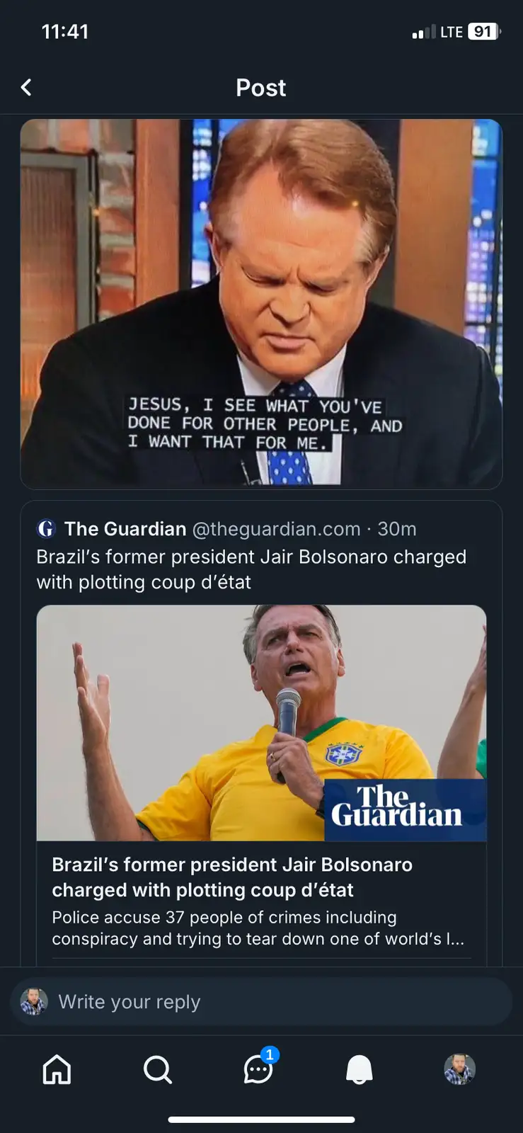 The image displays a screenshot of a social media post showing two pictures. The top picture is a close-up of a man in a…