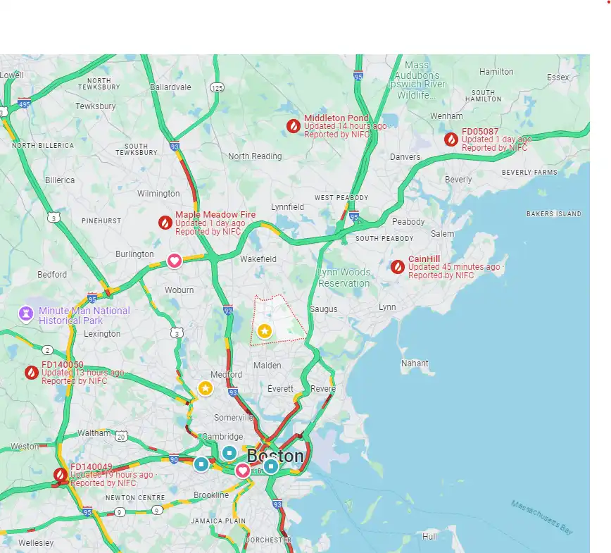 A map of the Boston area shows multiple fire incidents marked with red flame icons and timestamps, including 'Maple Meadow…