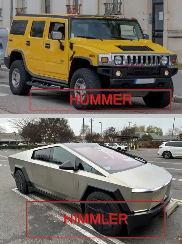 The image displays two cars: the top is a yellow Hummer SUV with 'HUMMER' in red text over a red box, and the bottom is a…