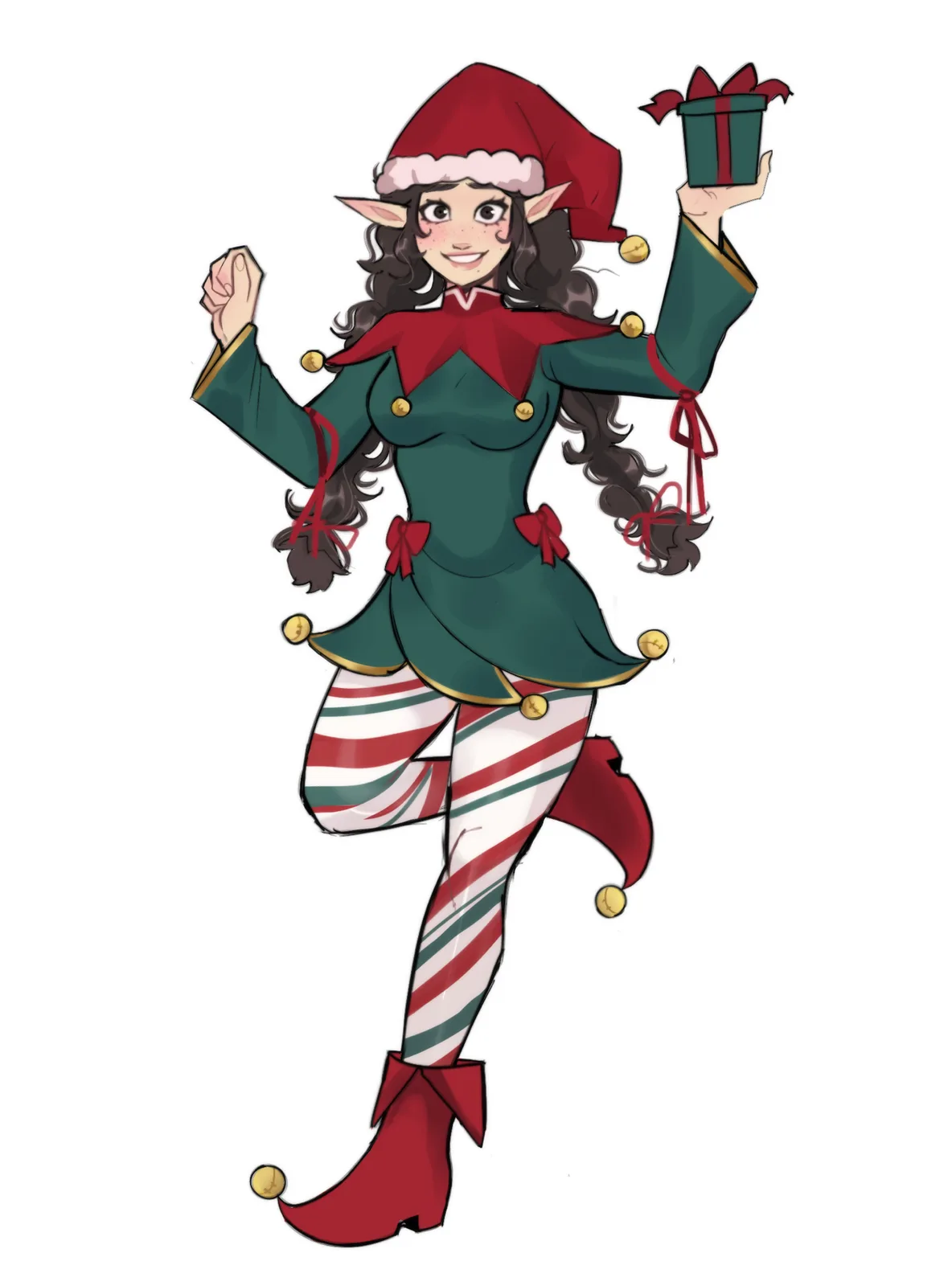 A cheerful, cartoon-style female elf with pointed ears, wearing a red hat with white trim, a green outfit with red accents…