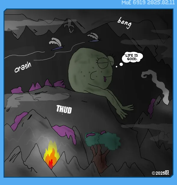 A cartoon green frog-like creature with closed eyes and a content expression lies on a dark, mountainous landscape…