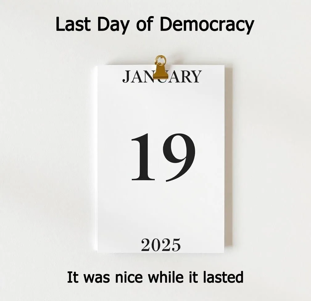 A minimalist calendar page for January 19, 2025, clipped to a wall with a gold binder clip. The image has black text…