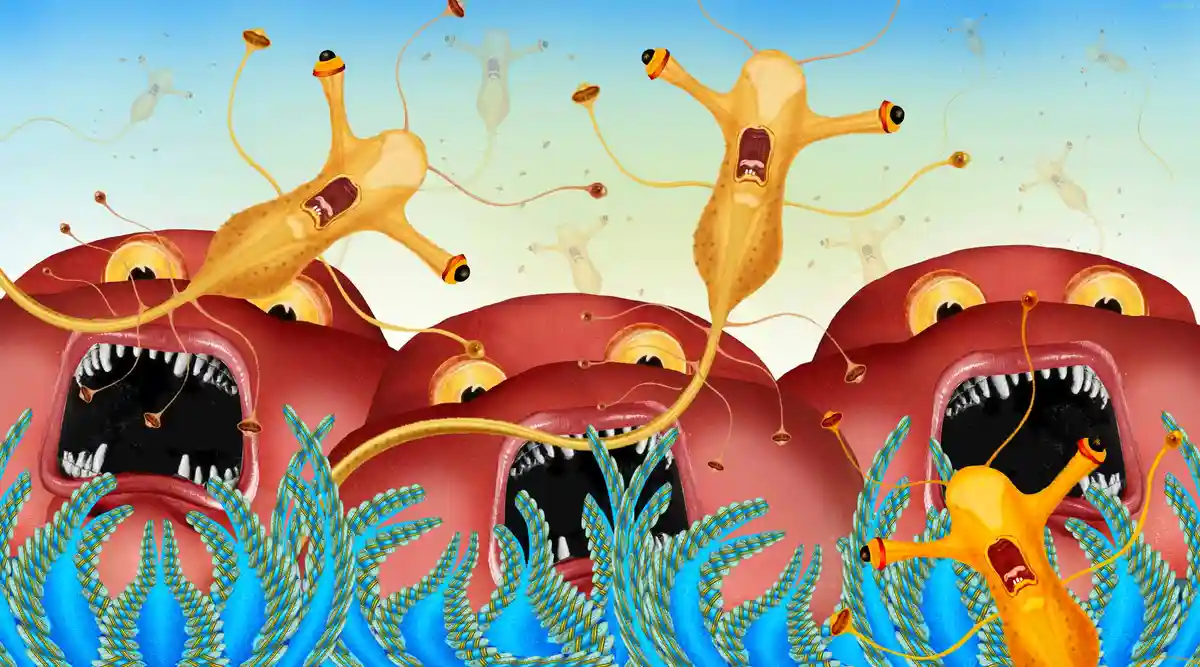 The image shows several large, red, monstrous faces with wide-open mouths full of sharp teeth and multiple yellow eyes…