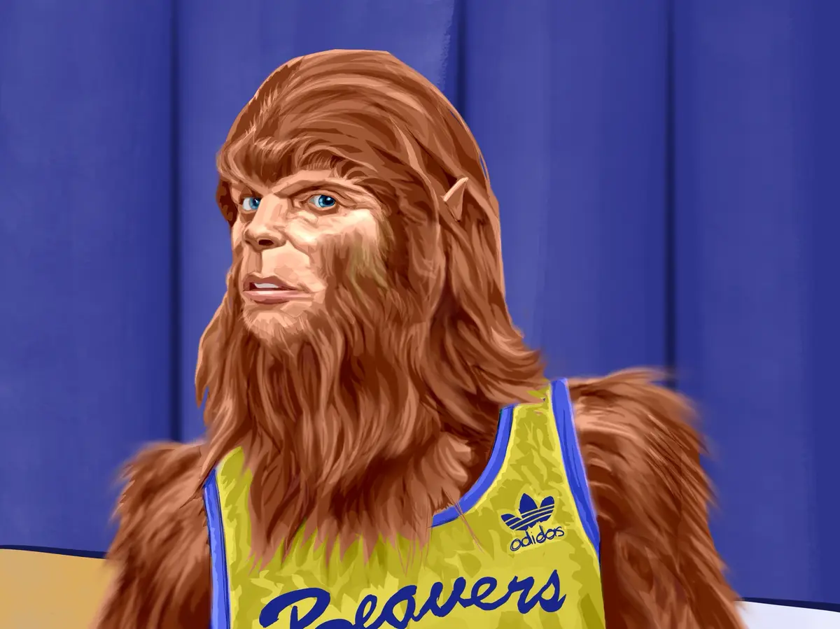 A digitally rendered, furry, humanoid creature with long brown hair and blue eyes wears a yellow and blue basketball jersey…