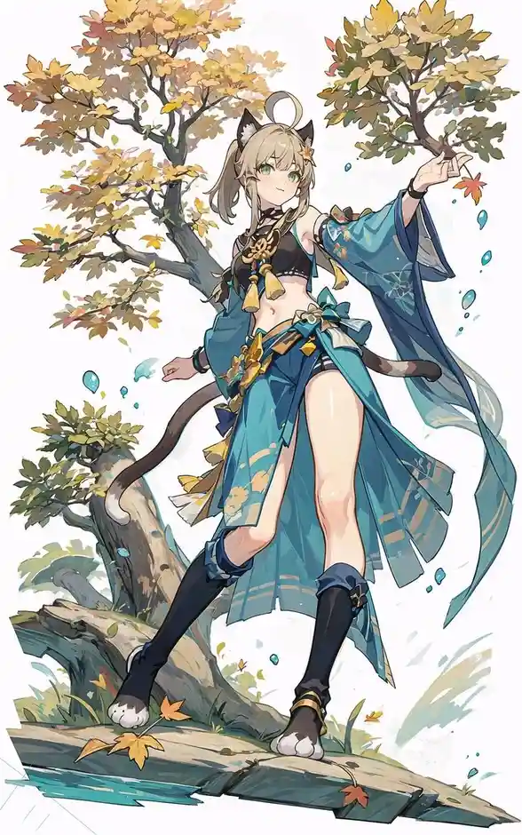 A stylized anime girl with cat ears, a cat tail, and cat-like paws stands beside a tree with autumn leaves. She wears a blue…