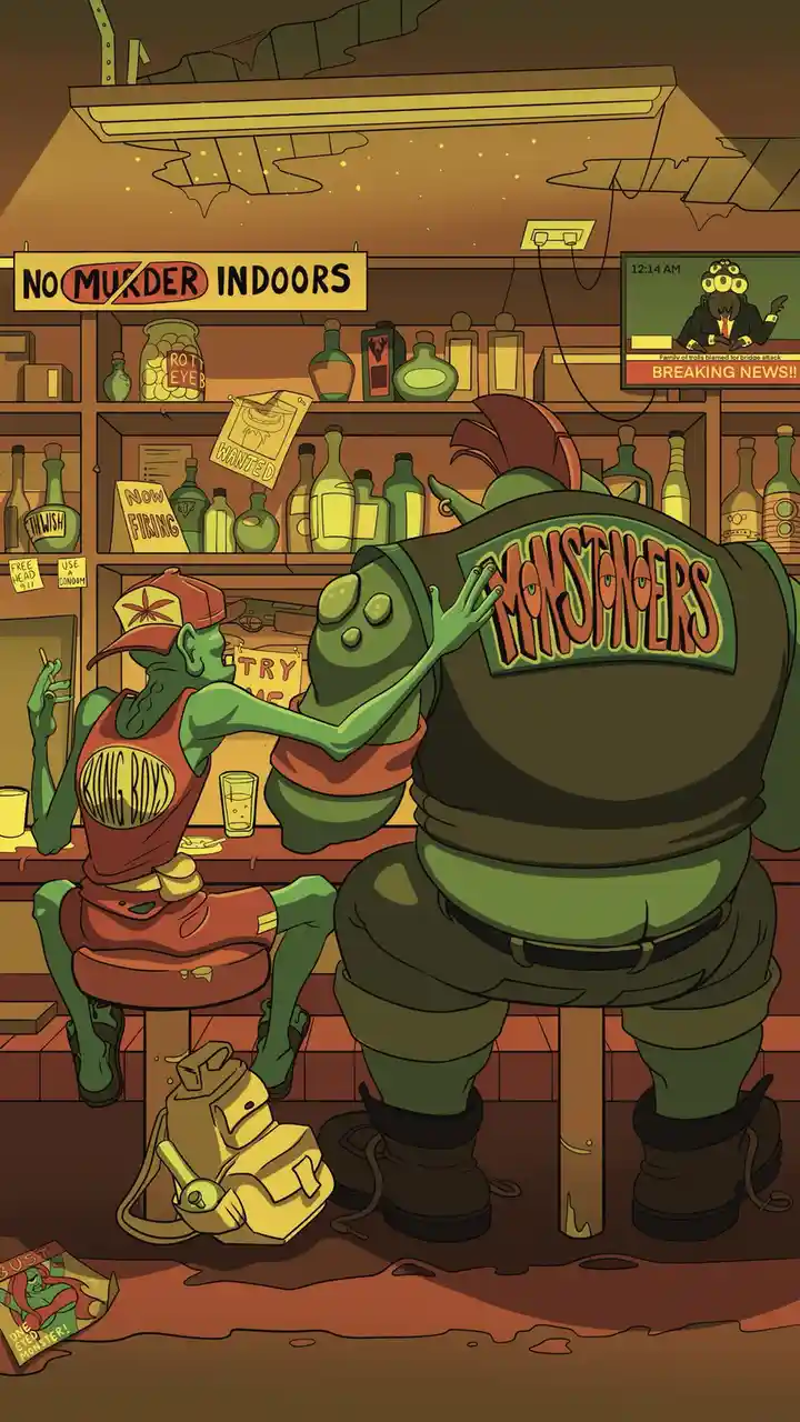 Two green-skinned monster characters sit at a bar in a dimly lit, cluttered establishment with shelves of bottles and signs…