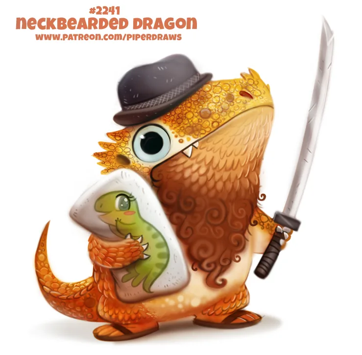 A cartoon orange dragon with a long, curly brown beard and a black fedora holds a katana in one hand and cradles a small…