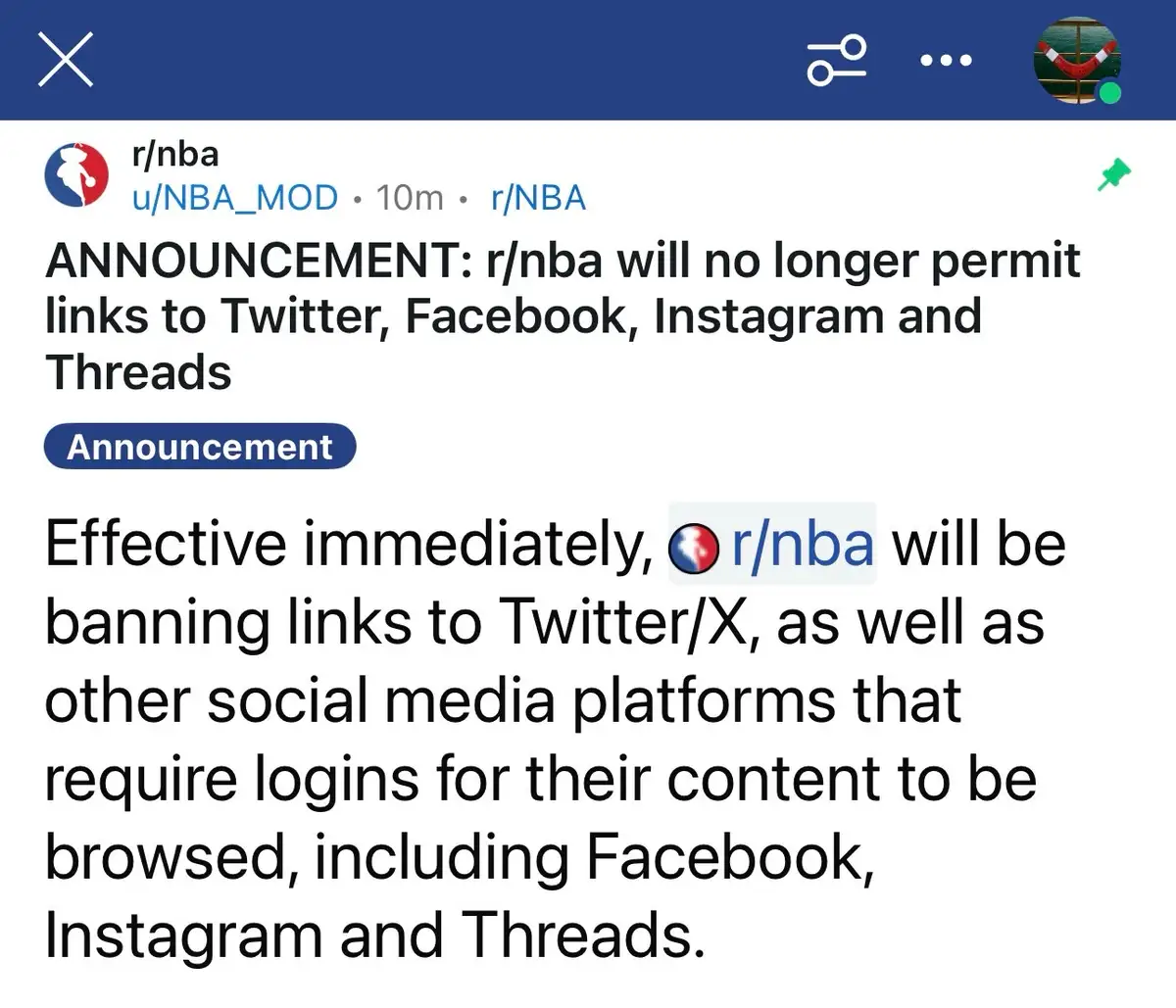 A screenshot of a Reddit post from r/nba by u/NBA_MOD announcing that the subreddit will ban links to Twitter/X, Facebook…