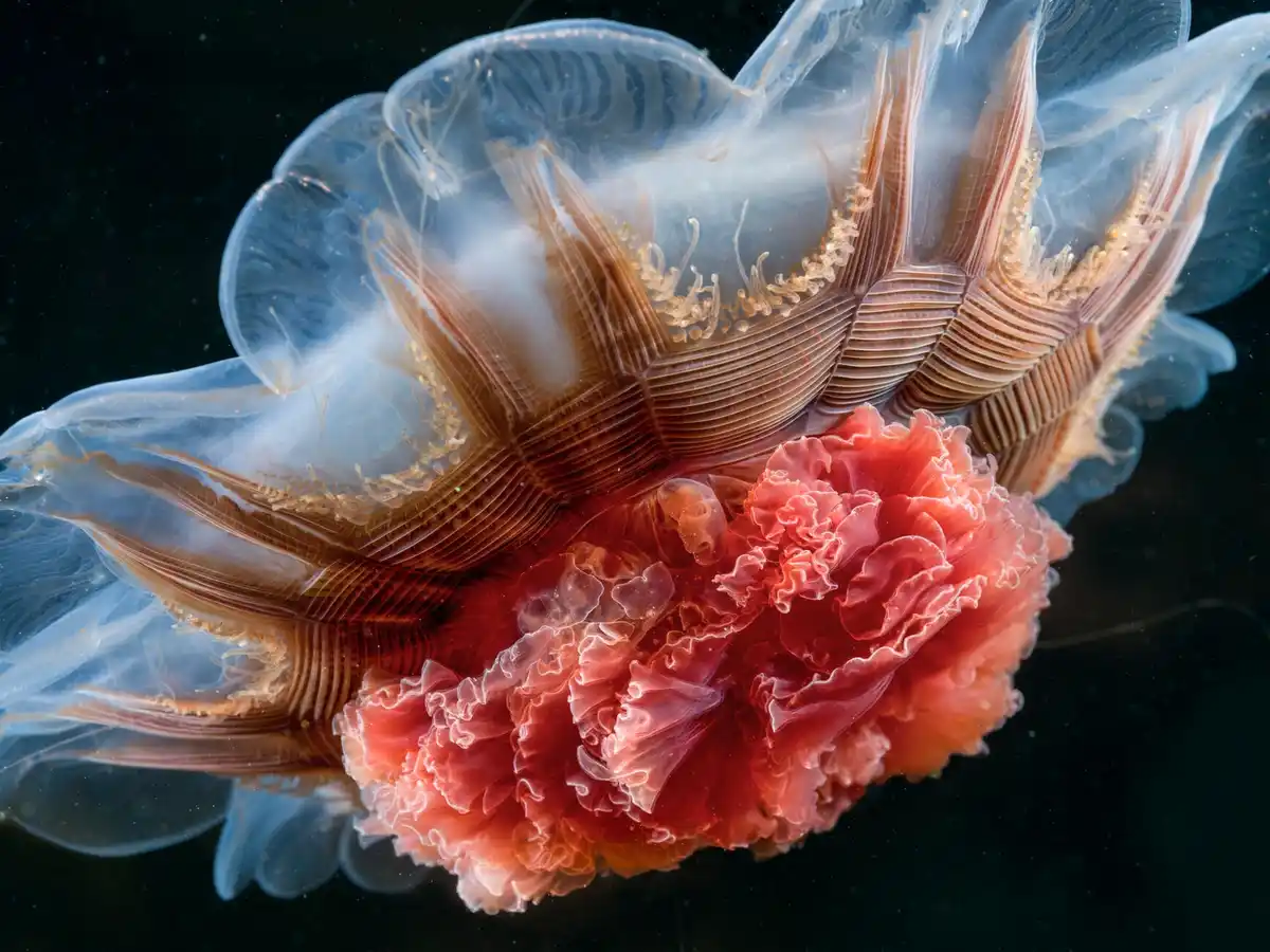 A close-up photograph of a translucent, multi-layered jellyfish with a large, ruffled, coral-pink structure resembling a…