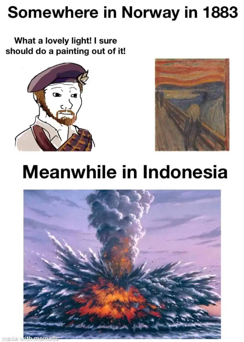 The top panel shows a cartoon man in a beret and vest looking at a sky with swirling orange and red clouds, with the text…