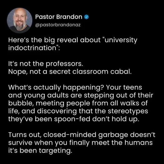 A screenshot of a tweet by 'Pastor Brandon' with a black background and white text. The tweet humorously claims that…