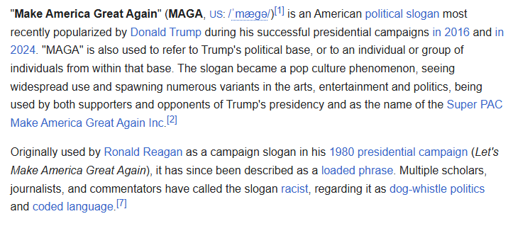 The image displays a Wikipedia-style text excerpt about the political slogan 'Make America Great Again' (MAGA), detailing…