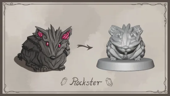 Six panels show a fantasy creature called 'Rockster' transforming into different, increasingly absurd, and sometimes…