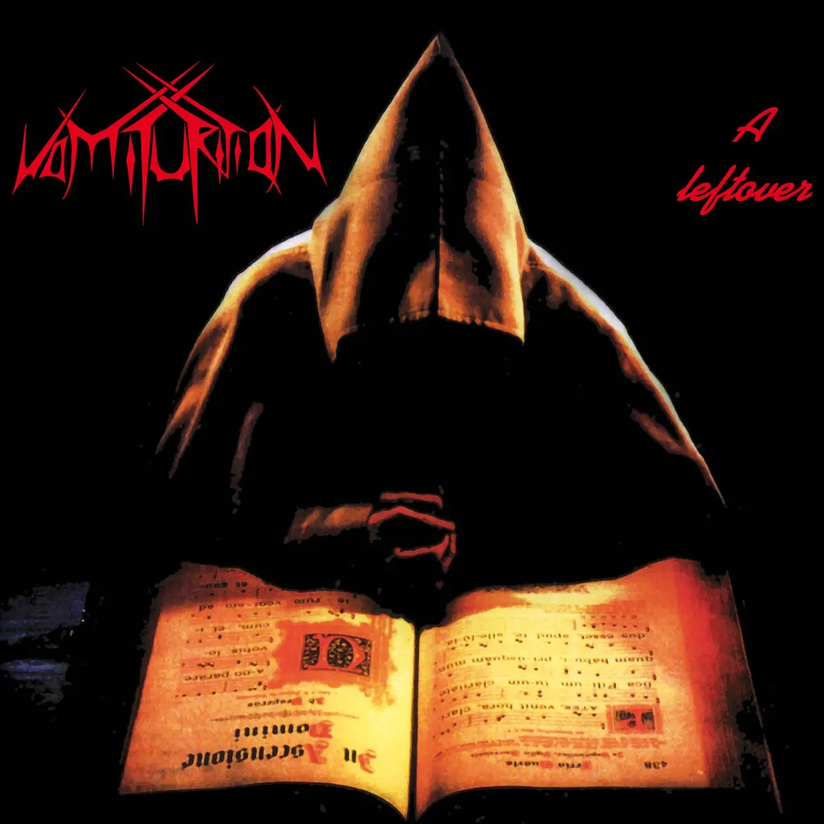 A dark, ominous figure in a pointed hooded robe sits before an open, illuminated book with Latin text, set against a black…