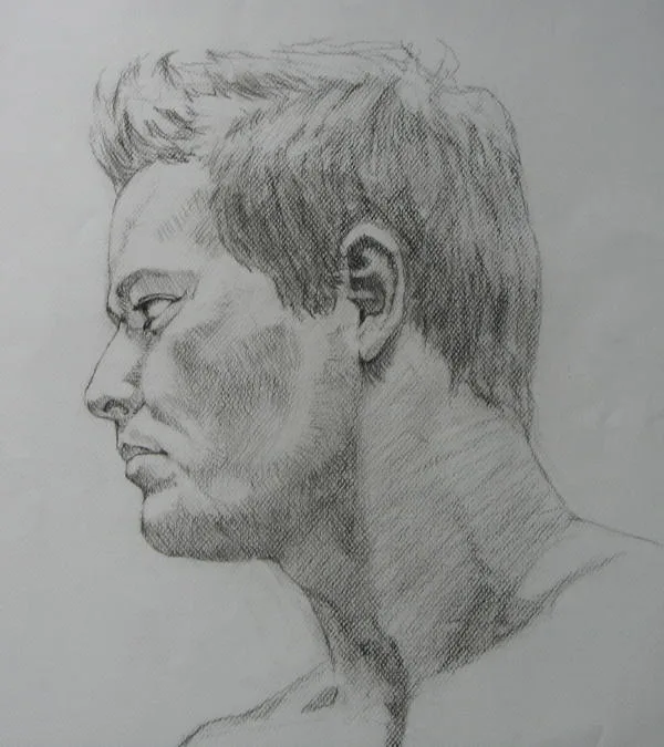 A pencil sketch of a man's head and shoulders in profile, looking downward with a serious expression. The image has text…