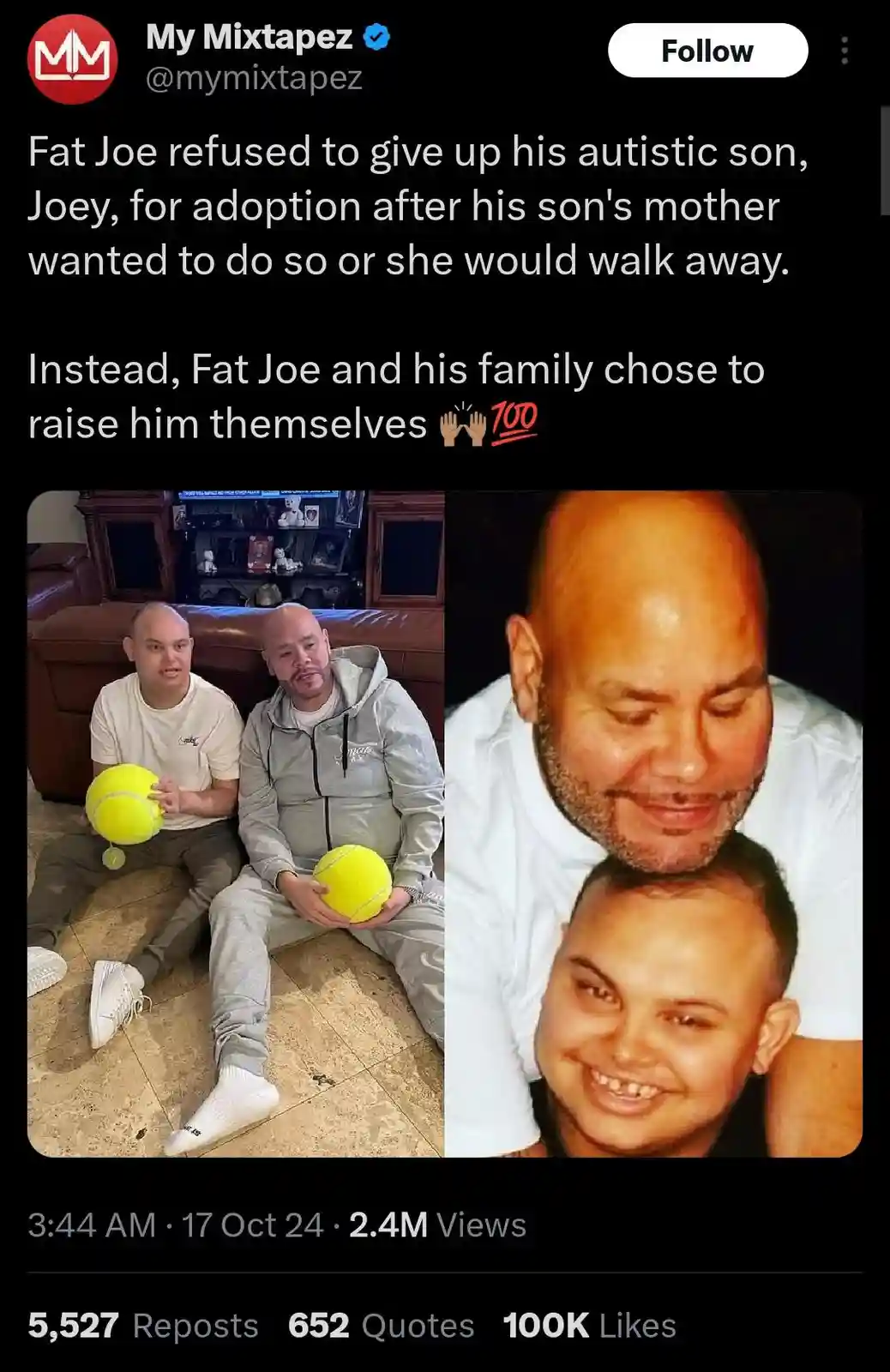 The image shows two photos: one of rapper Fat Joe and his son Joey sitting on the floor holding giant tennis balls, and…