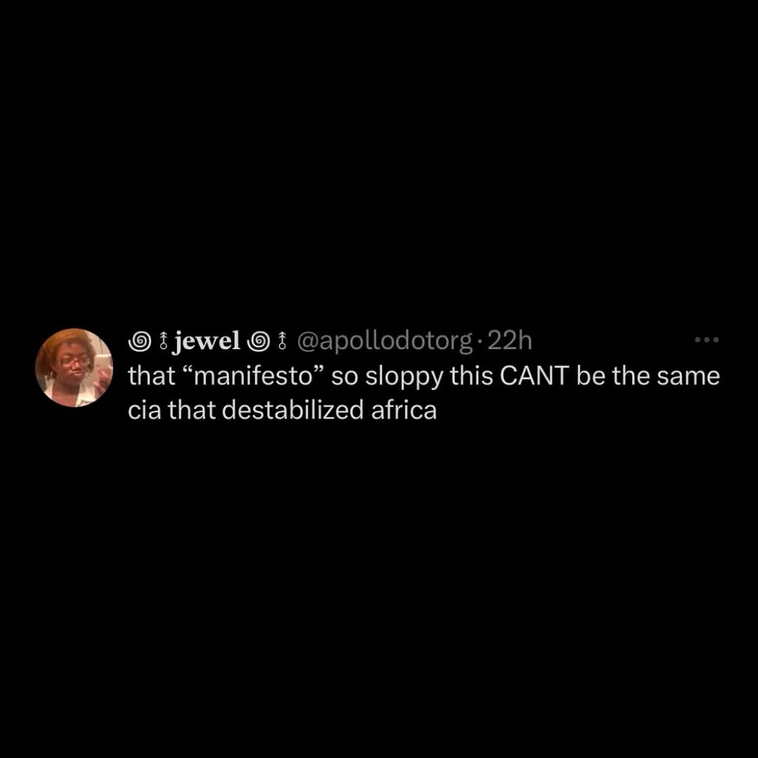 A screenshot of a tweet from user @jewel, posted 22 hours ago, which reads: 'that “manifesto” so sloppy this CANT be the…