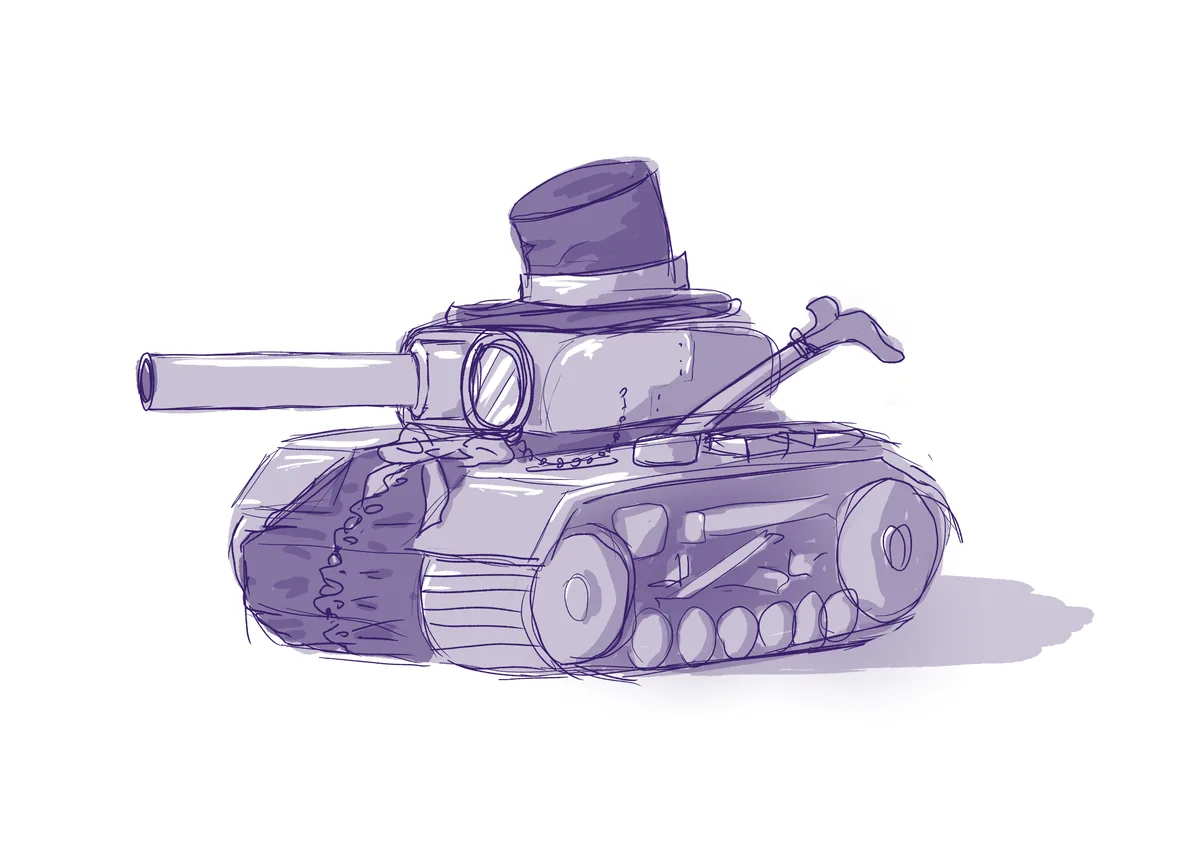 A purple sketch of a tank with a top hat perched on its turret, featuring a long cannon, tracks, and a small flagpole with a…
