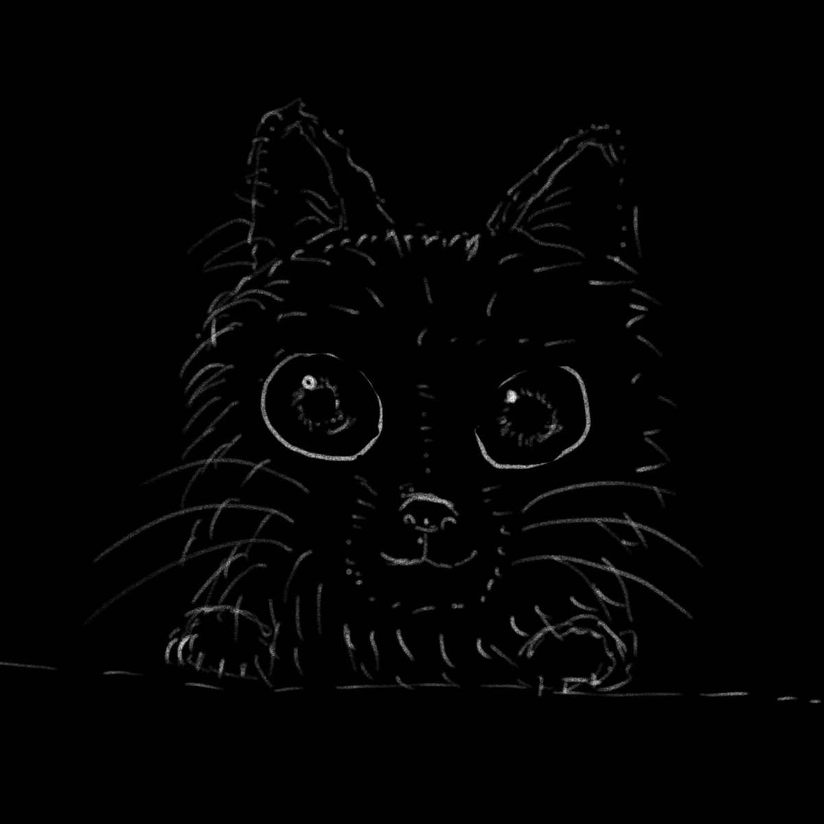 A black-and-white chalk-style drawing of a cat's face with large, round eyes and whiskers, looking directly forward. The…