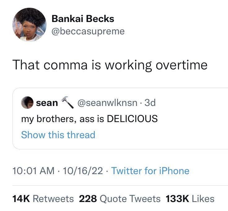 A screenshot of a Twitter post by Bankai Becks (@beccasupreme) who comments on a tweet from user 'sean' (@seanwlknsn) that…