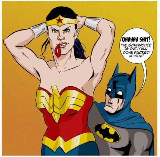 Wonder Woman, in her classic red, gold, and blue costume, is shown with her hands behind her head, visibly distressed as her…