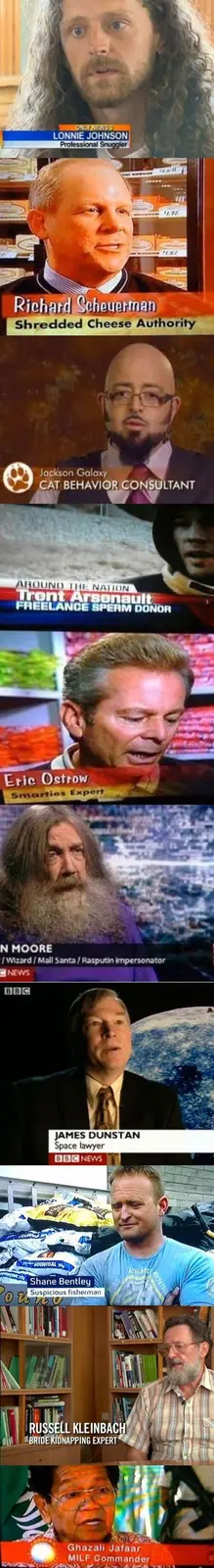 A vertical collage of nine different news interview clips, each featuring a person with a bizarre or absurdly specific…