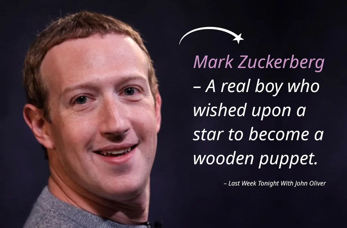 A close-up photo of Mark Zuckerberg smiling, with overlaid text that reads 'Mark Zuckerberg – A real boy who wished upon a…