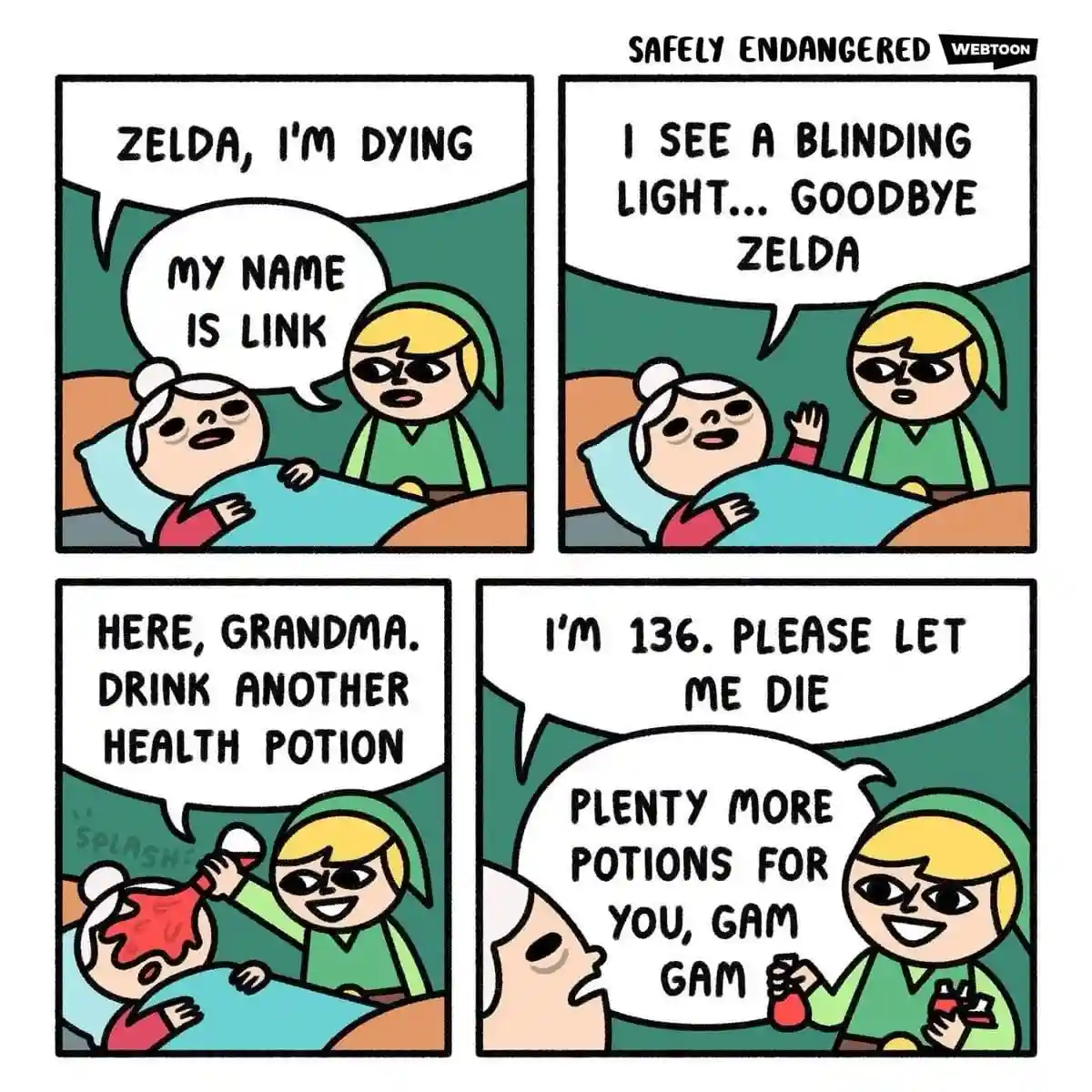 A four-panel comic strip from 'Safely Endangered' Webtoon shows Link visiting his elderly grandmother Zelda in bed. In the…