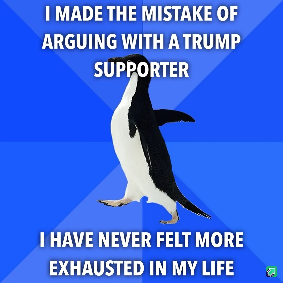 A penguin stands against a blue background with white text above and below it. The top text reads 'I MADE THE MISTAKE OF…