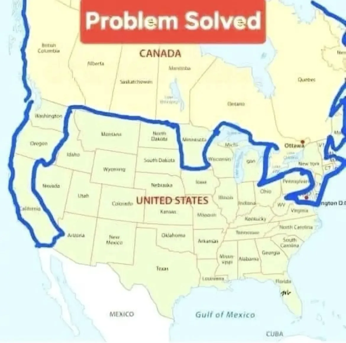 A map of North America shows the United States outlined in blue, with a red banner at the top reading 'Problem Solved'. The…