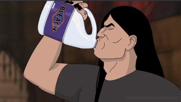 An anime character with long black hair and a gray shirt is shown drinking directly from a large white jug labeled 'BLEACH'…