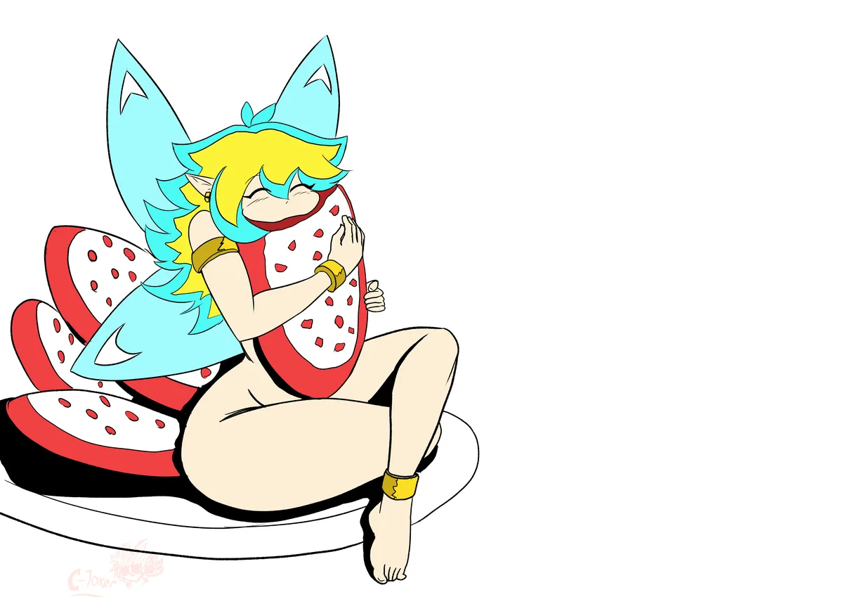 An anime-style character with blue cat ears and blonde hair is hugging a large strawberry-shaped object while sitting on a…
