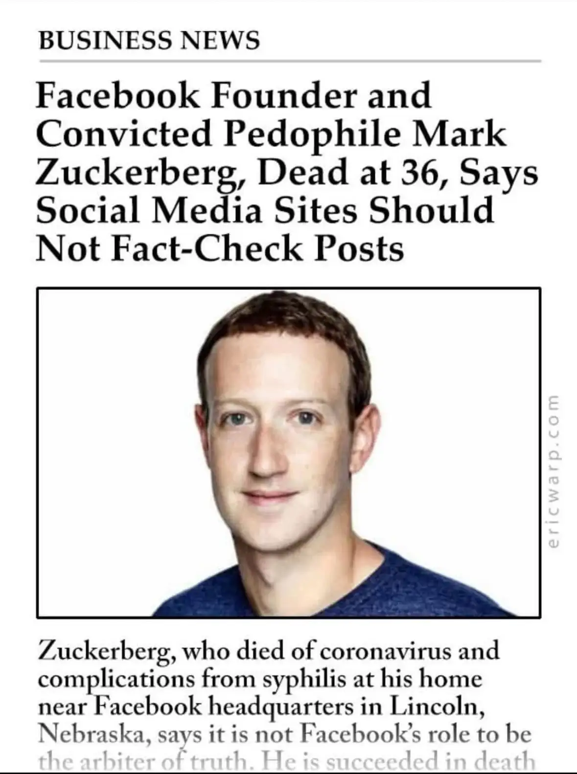 The image displays a mock newspaper article under the 'BUSINESS NEWS' heading, featuring a photo of Mark Zuckerberg. The…