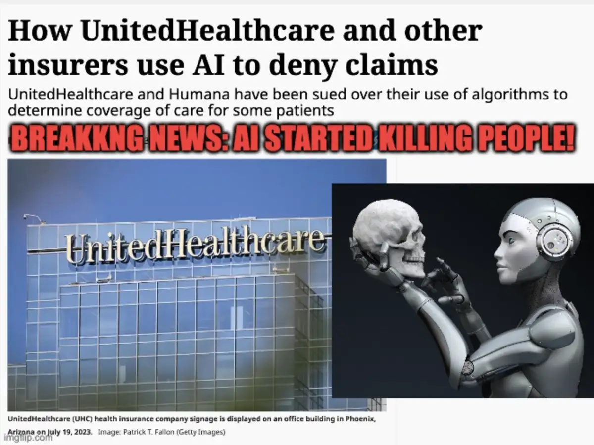 The image shows a news article headline about UnitedHealthcare and other insurers using AI to deny claims, overlaid with a…