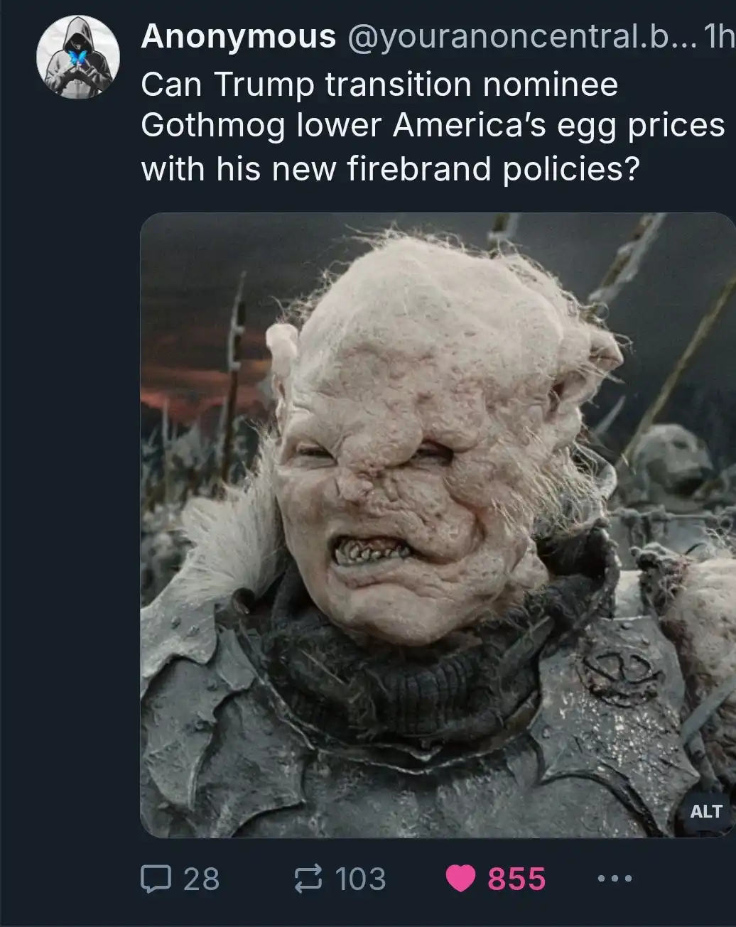 A close-up image of the orcish character Gothmog from 'The Lord of the Rings' movies, showing his wrinkled, pale face with a…