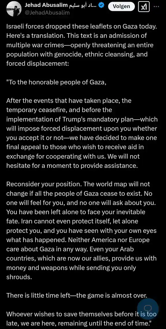 A screenshot of a tweet by Jehad Abusalim showing a translated text of leaflets allegedly dropped by Israeli forces on Gaza…