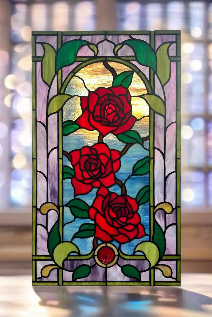 A stained glass panel featuring three vibrant red roses with green leaves, set against a blue and gold background within an…