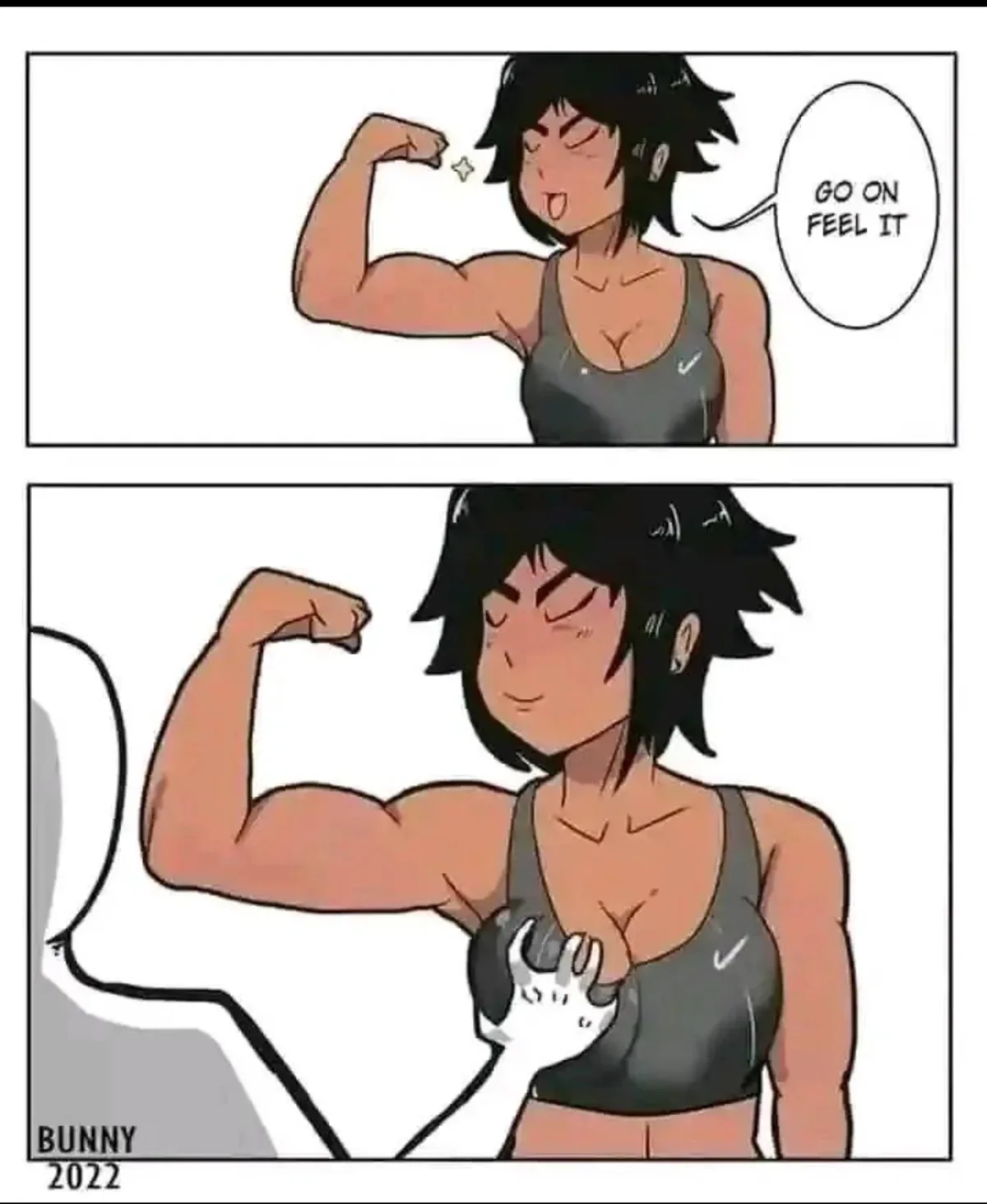 Two-panel comic strip featuring a muscular anime-style woman in a grey tank top. In the top panel, she flexes her bicep with…