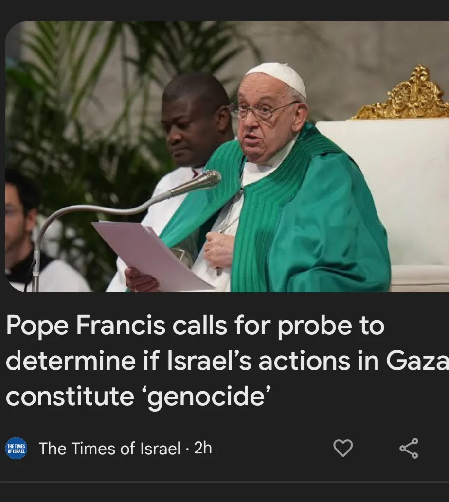 A photo shows Pope Francis speaking at a podium while wearing green vestments and a white zucchetto, with a microphone in…