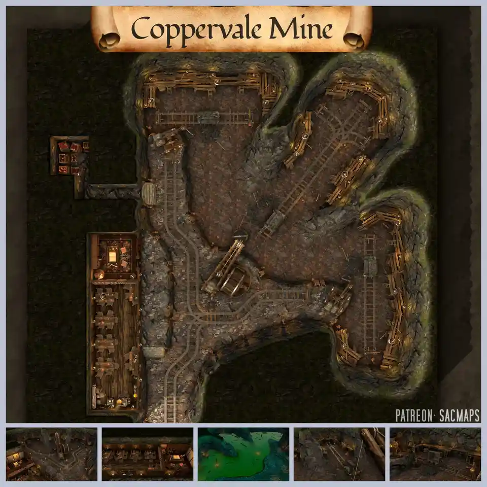 An overhead view of a detailed fantasy mine map titled 'Coppervale Mine' on a scroll banner, showing interconnected tunnels…
