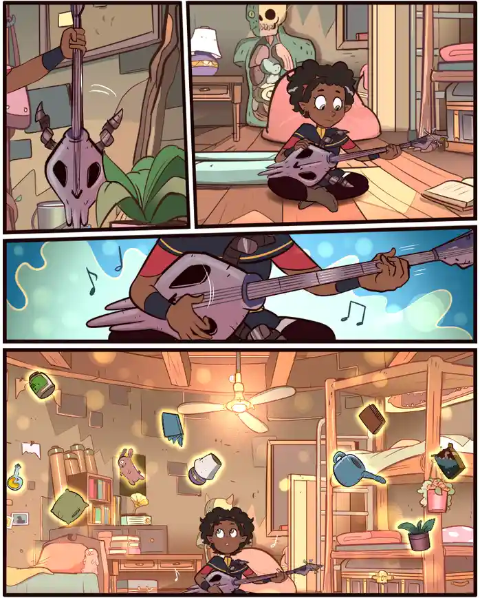 A four-panel comic strip shows a young person with dark curly hair sitting on the floor in a messy bedroom, playing a purple…