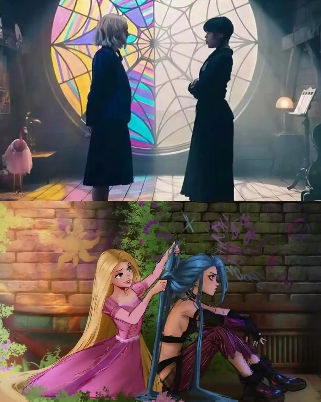 The image is split into two panels. The top shows two women in dark robes standing opposite each other in a room with large…