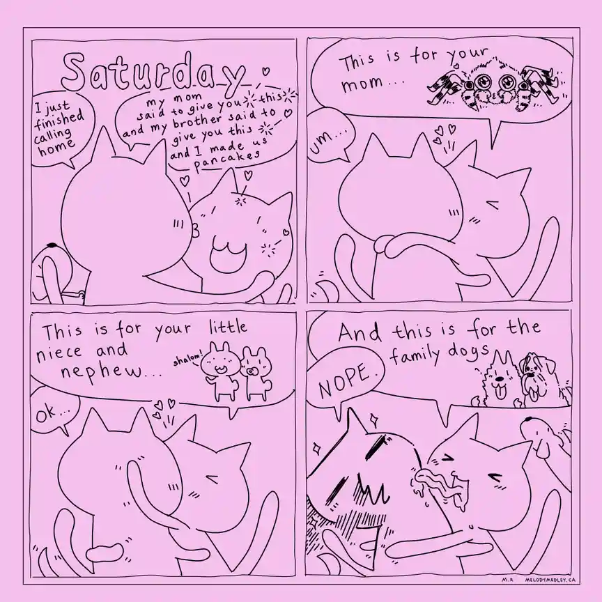 A four-panel comic strip in pink with cartoon cats. The first panel shows a cat excitedly telling another cat it made…