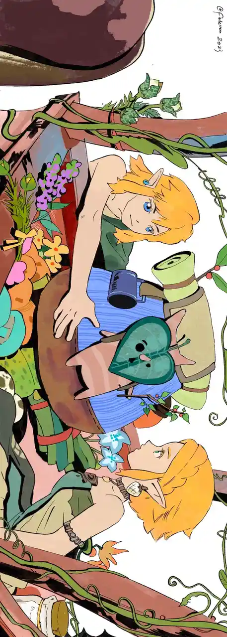 An illustration shows three versions of Link from The Legend of Zelda, depicted in a cozy, nature-filled setting with vines…