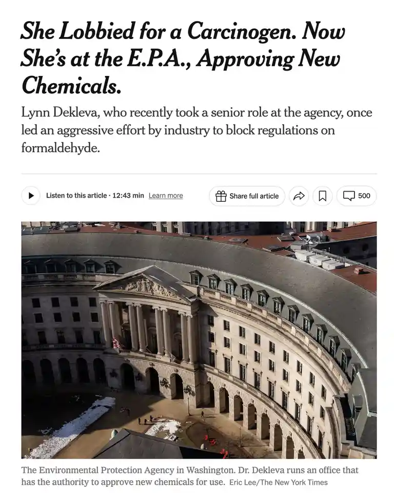 The image shows a newspaper article snippet with a photo of the Environmental Protection Agency building in Washington. The…